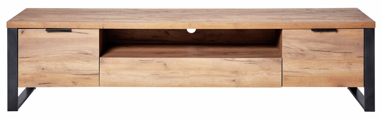 Frontale Ansicht eines TV-Lowboards aus Holz mit zwei Schubladen und einem offenen Fach in der Mitte, unterstützt von schwarzen Metallbeinen.