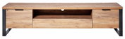 Frontale Ansicht eines TV-Lowboards aus Holz mit zwei Schubladen und einem offenen Fach in der Mitte, unterstützt von schwarzen Metallbeinen.