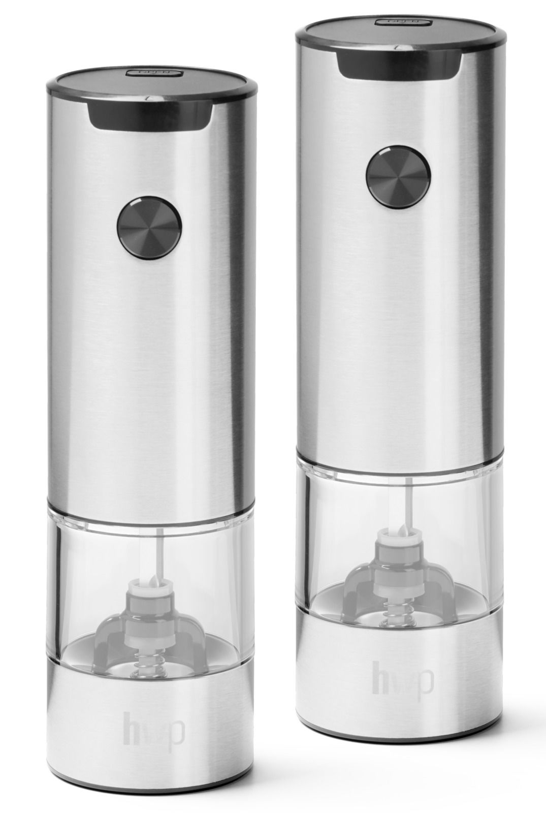 Zwei moderne Salz- und Pfeffermühlen aus Edelstahl, frontal abgebildet.