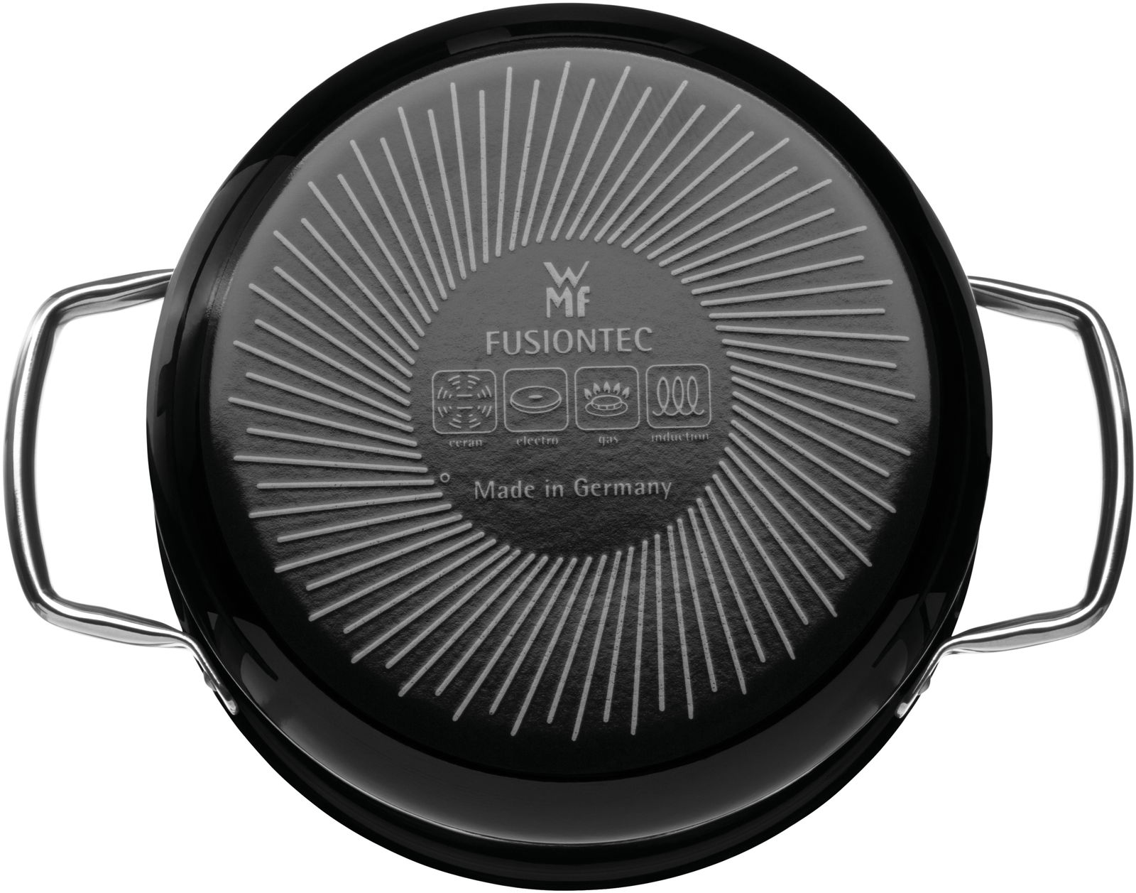Ansicht von unten eines WMF Fusiontec Topfes mit zwei Griffen, geeignet für alle Herdarten, Made in Germany.