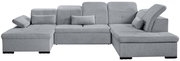 Graues Ecksofa mit verstellbaren Kopfstützen und Kissen, Vorderansicht