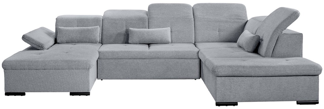 Graues Ecksofa mit verstellbaren Kopfstützen und Kissen, Vorderansicht