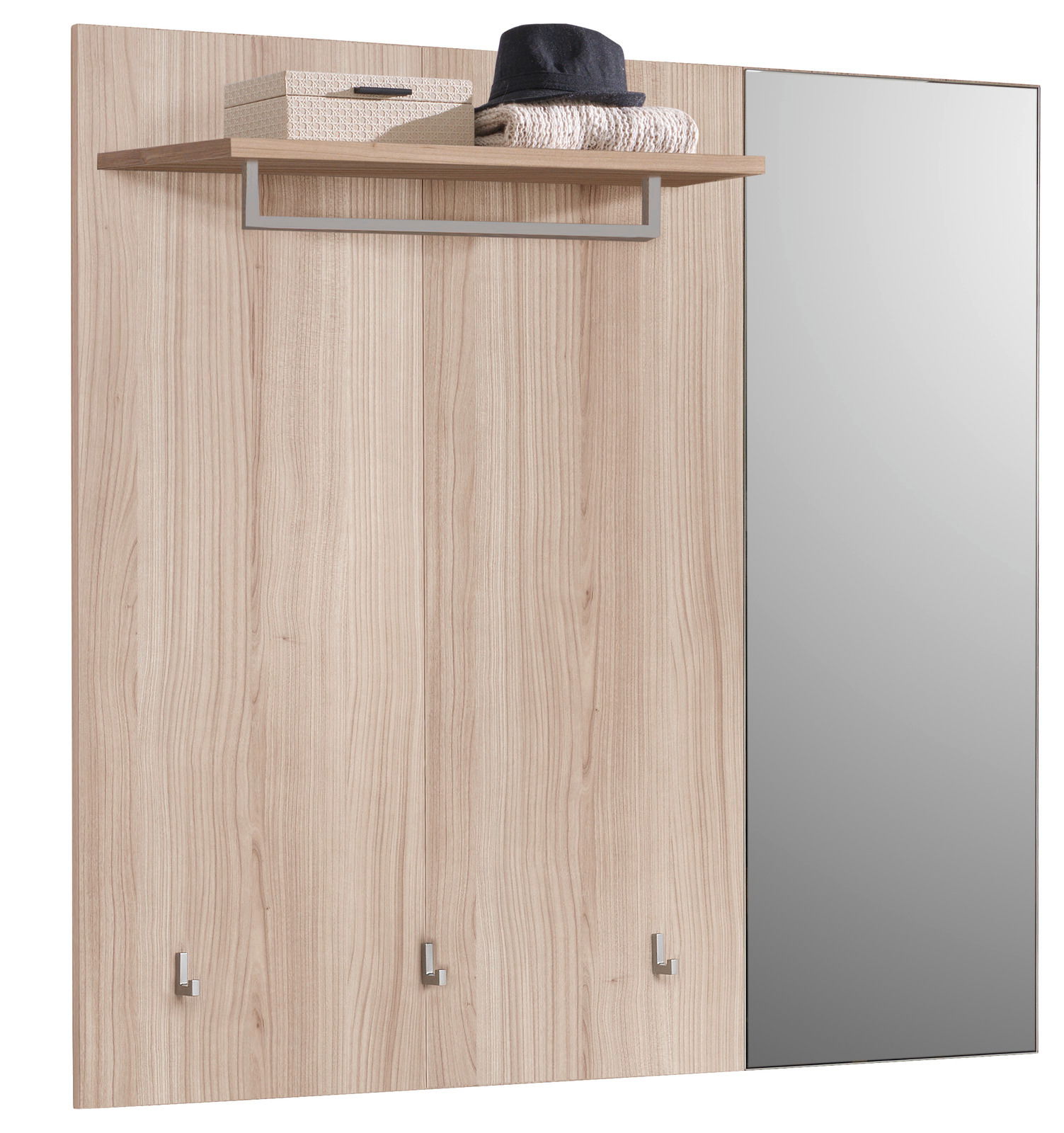 Garderobenpaneel aus Holz mit Spiegel, Haken und Ablage, Frontalansicht