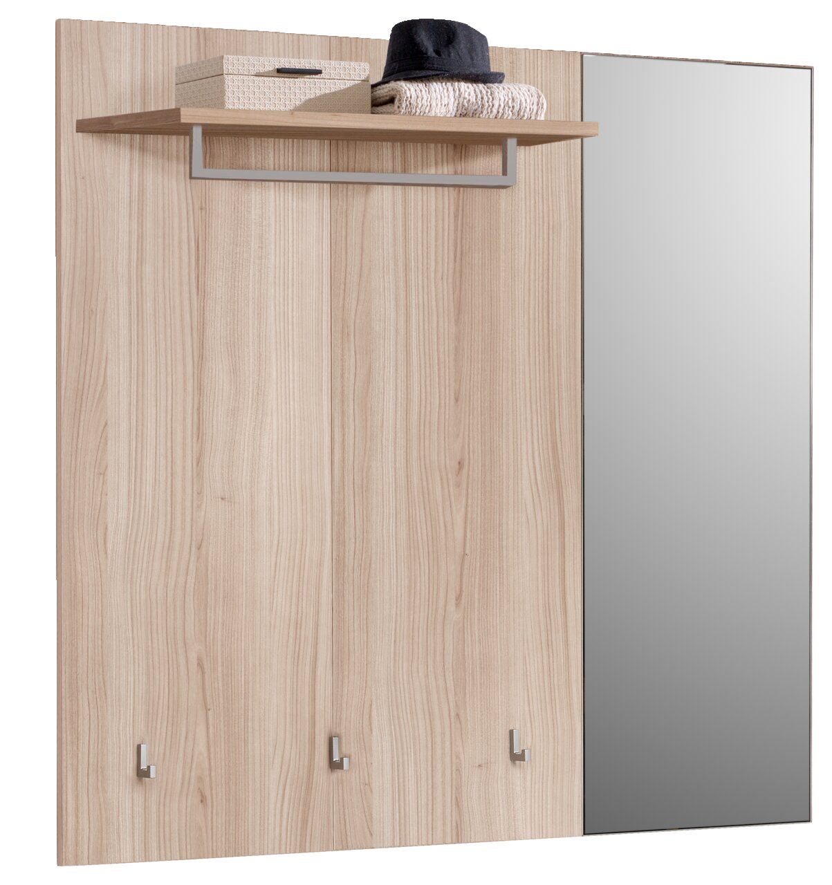 Voleo Garderobenpaneel CANUN Garderobenpaneel aus Holz mit Spiegel, Haken und Ablage, Frontalansicht
