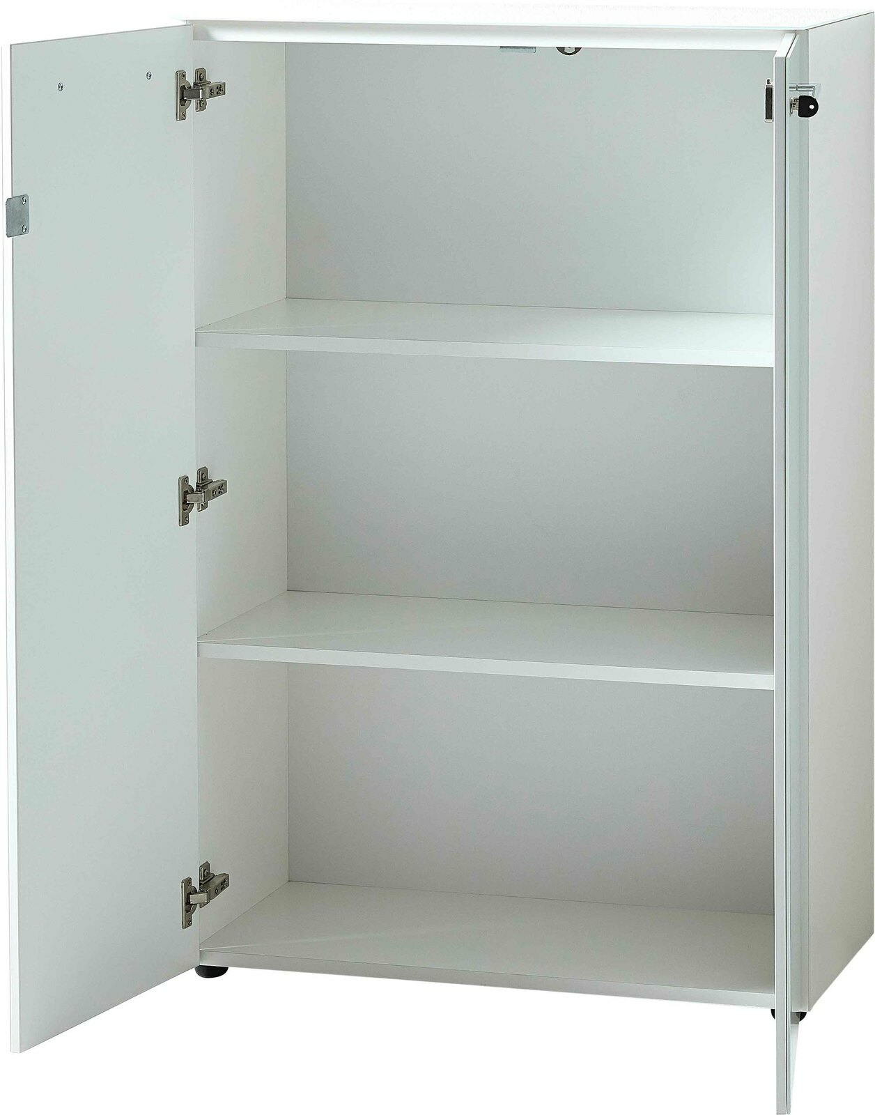 Weißer, niedriger Aktenschrank mit zwei offenen Türen und zwei Einlegeböden, frontal betrachtet.