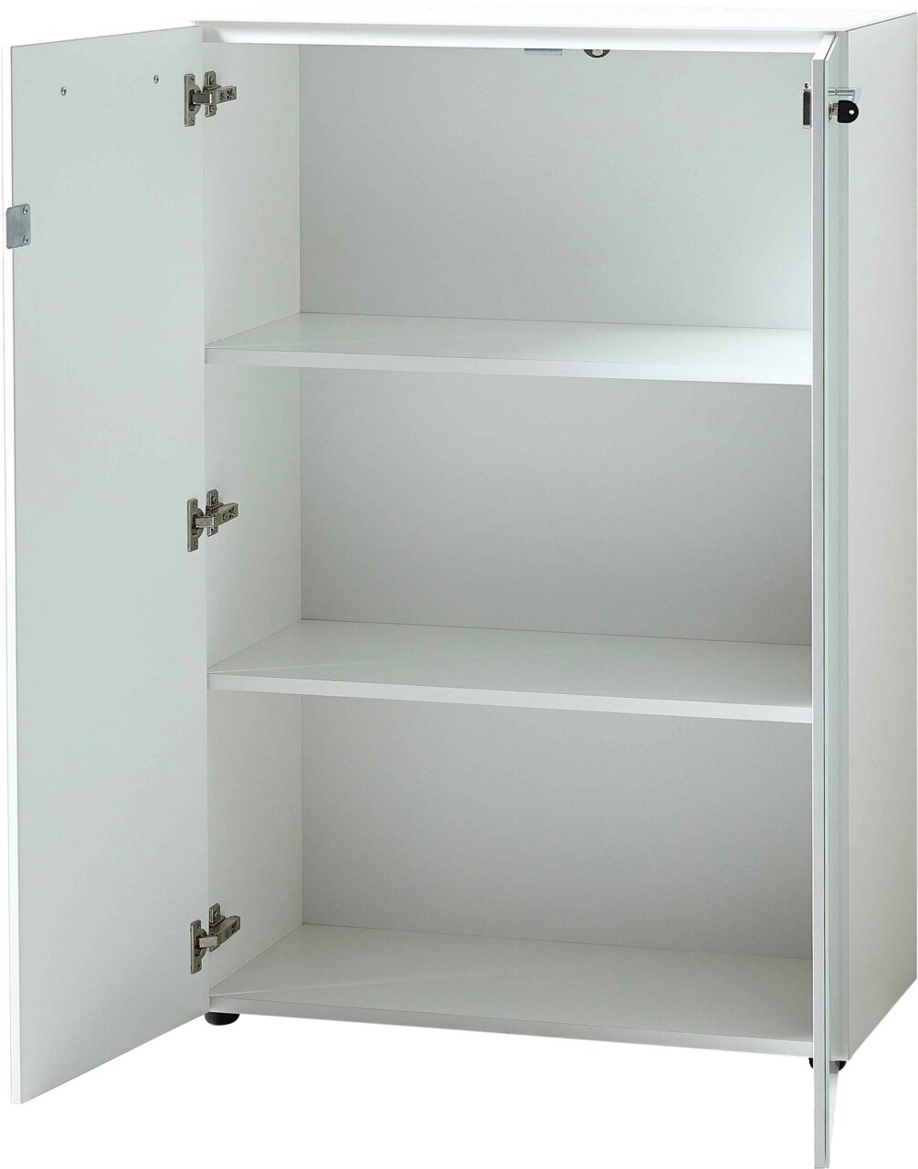 Weißer, niedriger Aktenschrank mit zwei offenen Türen und zwei Einlegeböden, frontal betrachtet.