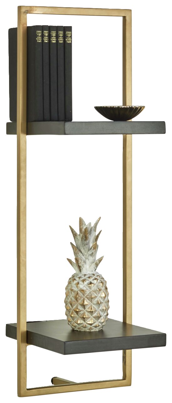 Modernes Wandregal mit goldfarbenem Rahmen, zwei schwarzen Ablagen, dekoriert mit Büchern, einer Schale und einer Ananasfigur, seitliche Perspektive.