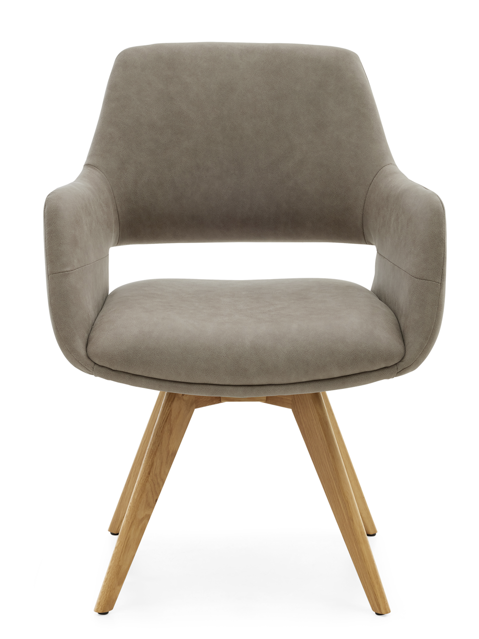 Grauer Armlehnstuhl mit Holzbeinen, Frontalansicht