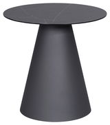 Moderner Beistelltisch mit runder, dunkler Tischplatte und konischem Sockel, seitliche Perspektive