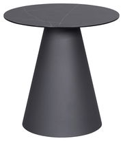 Moderner Beistelltisch mit runder, dunkler Tischplatte und konischem Sockel, seitliche Perspektive