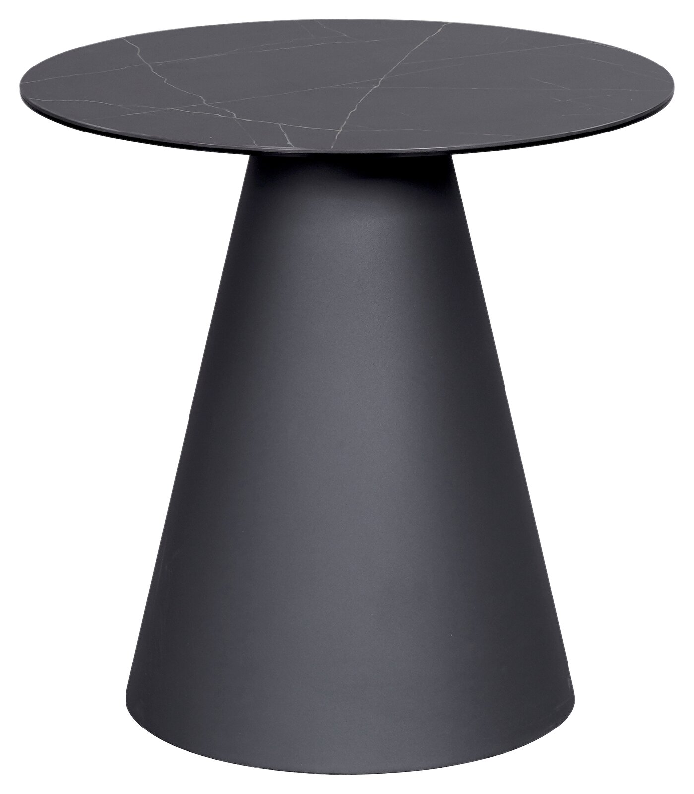 Moderner Beistelltisch mit runder, dunkler Tischplatte und konischem Sockel, seitliche Perspektive