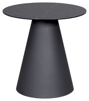 Moderner Beistelltisch mit runder, dunkler Tischplatte und konischem Sockel, seitliche Perspektive
