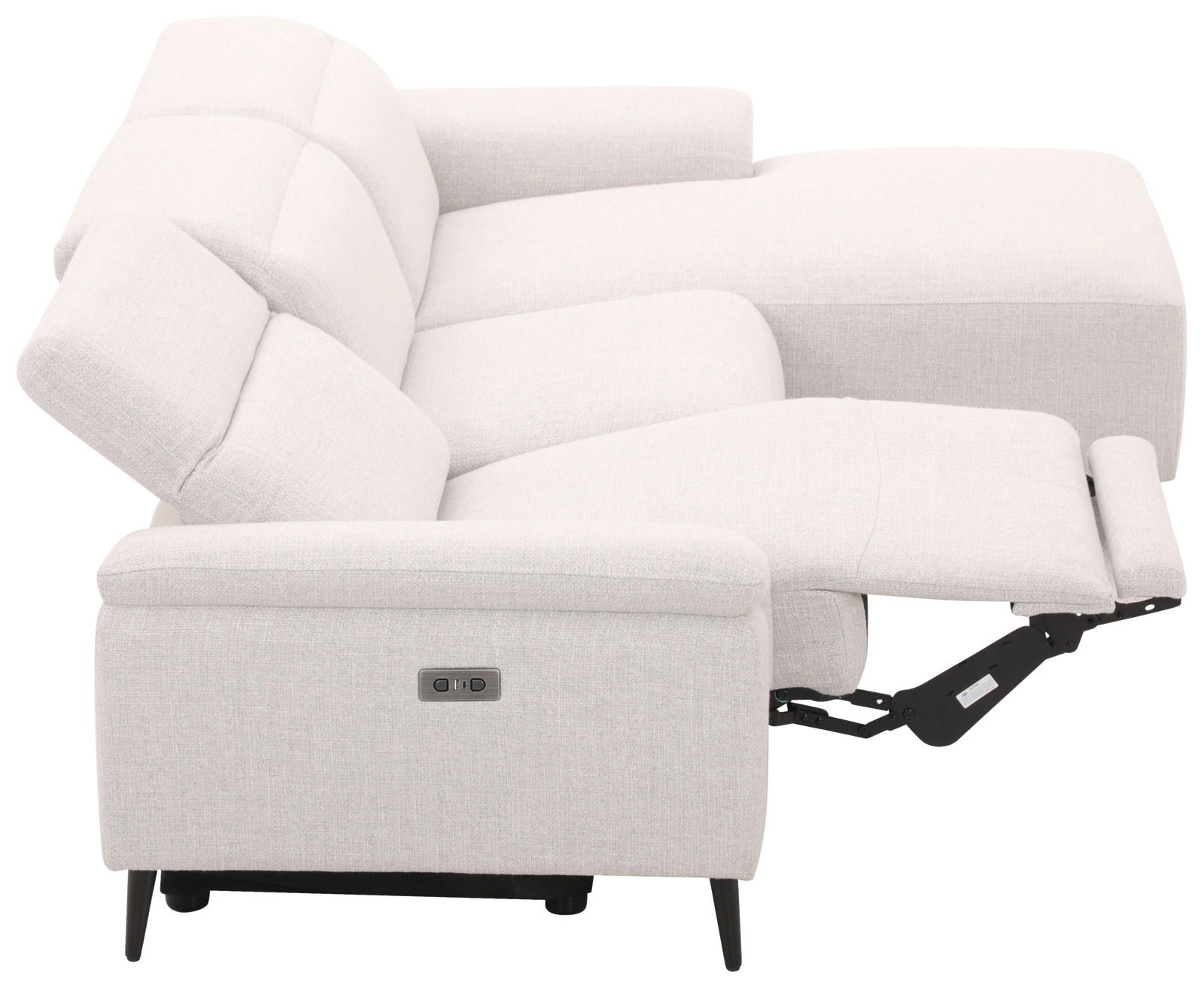 Seitliche Ansicht einer hellgrauen Longchairkombination mit verstellbarer Rückenlehne und Fußstütze.