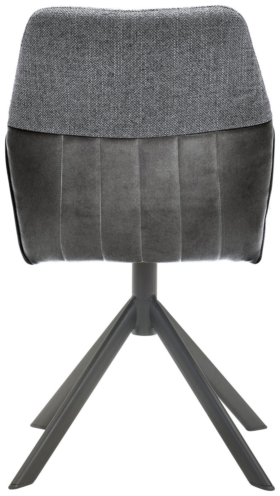Rückansicht eines modernen Stuhls mit grauem Stoffbezug und schwarzem Metallgestell.