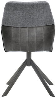 Rückansicht eines modernen Stuhls mit grauem Stoffbezug und schwarzem Metallgestell.