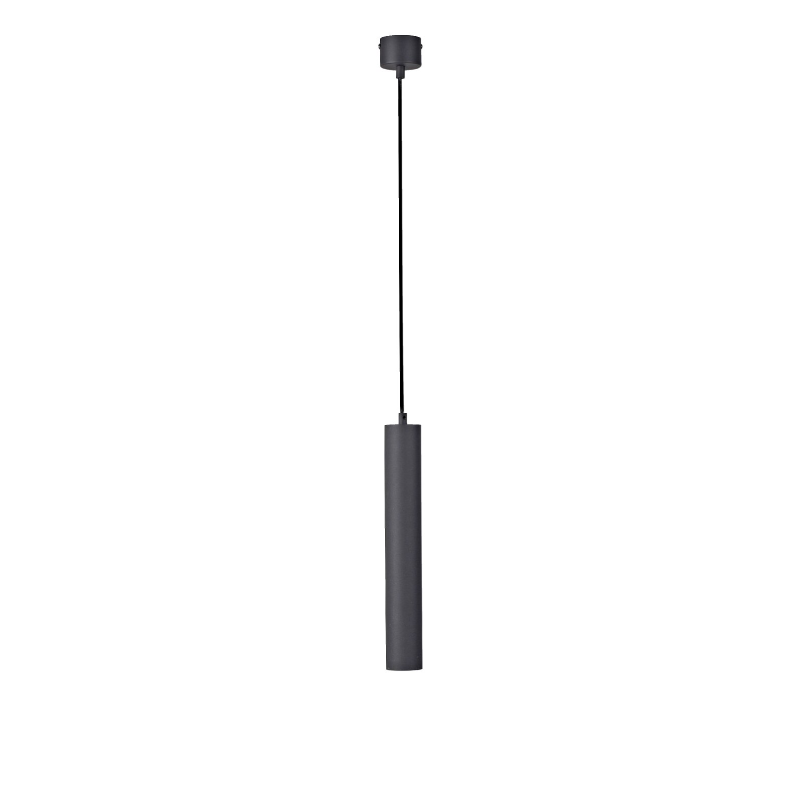 Schwarze, zylindrische Pendelleuchte mit langem Kabel und Deckenbaldachin vor grauem Hintergrund, Frontansicht (zentriert).