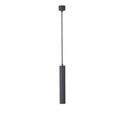 Schwarze, zylindrische Pendelleuchte mit langem Kabel und Deckenbaldachin vor grauem Hintergrund, Frontansicht (zentriert).