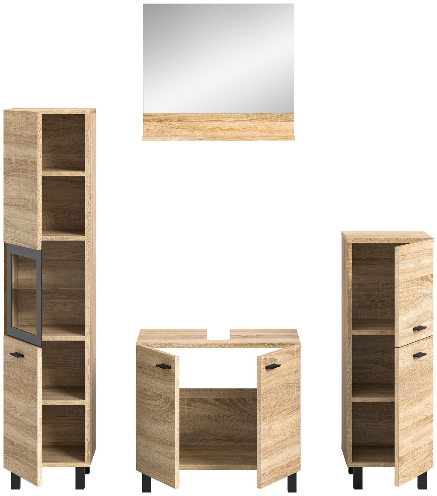 Badkombination BOSTON in Holzoptik, bestehend aus einem hohen Schrank mit Glastür, einem Waschbeckenunterschrank und einem Spiegel, frontal betrachtet.