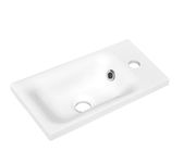 Mineralmarmorwaschtisch in rechteckiger Form, weiße Farbe, mit zwei Löchern für Armaturen, aus der Vogelperspektive fotografiert.