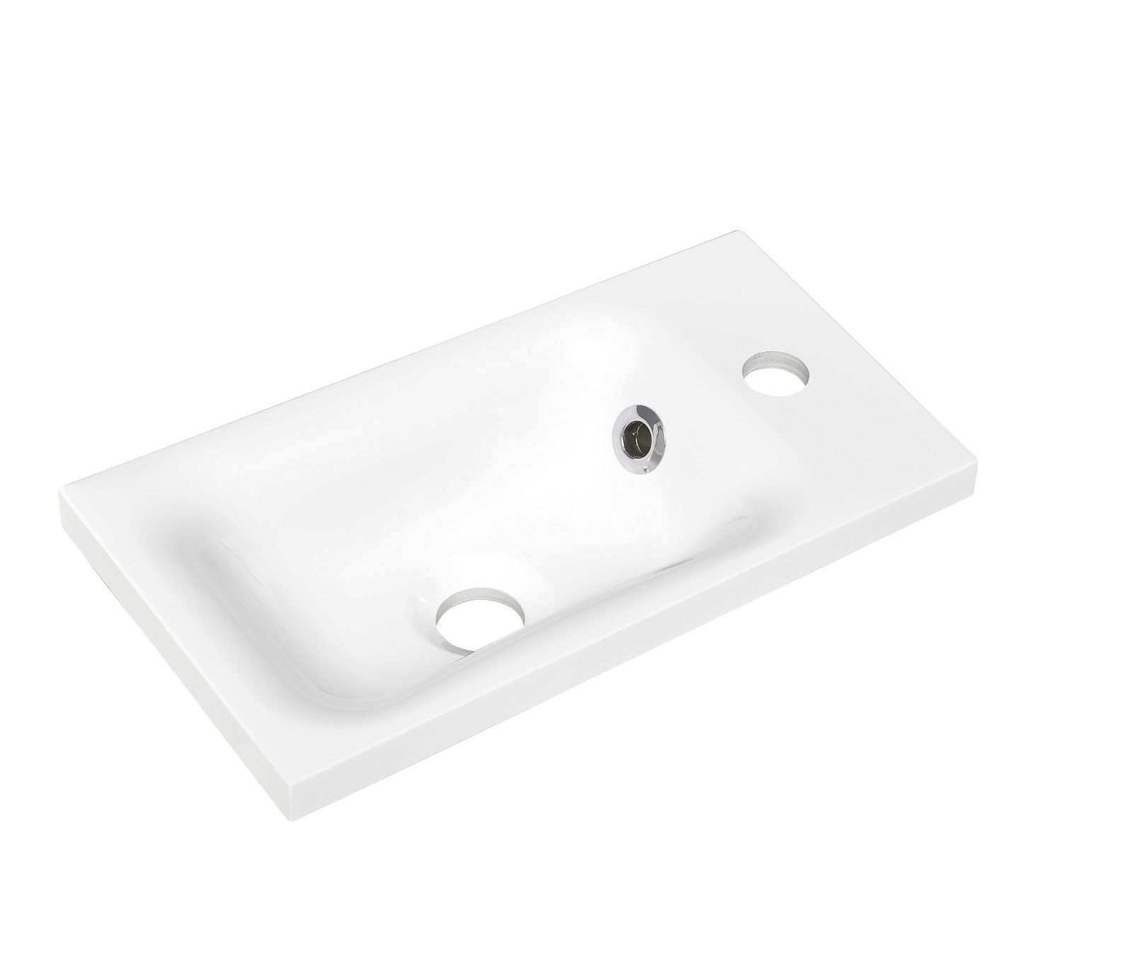 Mineralmarmorwaschtisch in rechteckiger Form, weiße Farbe, mit zwei Löchern für Armaturen, aus der Vogelperspektive fotografiert.
