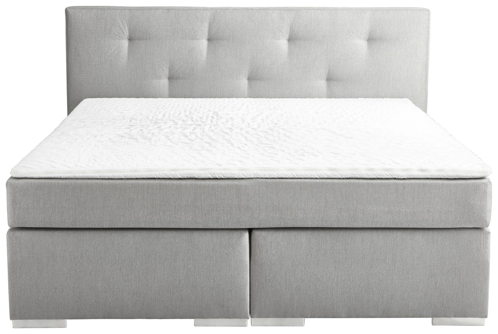 Graues Boxspringbett mit gestepptem Kopfteil, Frontalansicht