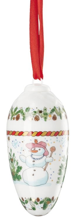 Weihnachtszapfen mit Schneemann-Motiv, rote Schleife, frontale Ansicht