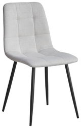 Moderner Stuhl mit hellgrauem, gepolstertem Sitz und Rückenlehne, sowie schwarzen Metallbeinen, seitliche Perspektive