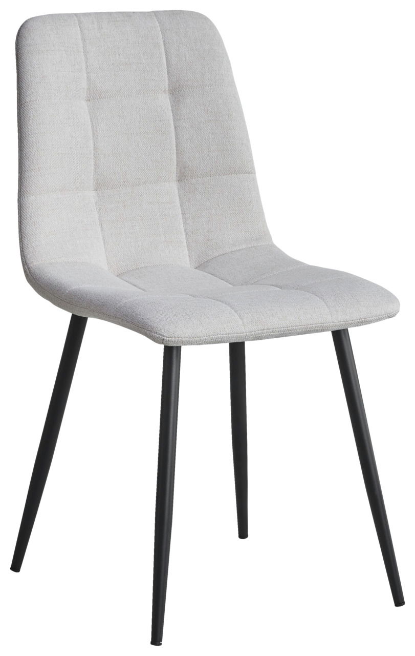 Moderner Stuhl mit hellgrauem, gepolstertem Sitz und Rückenlehne, sowie schwarzen Metallbeinen, seitliche Perspektive