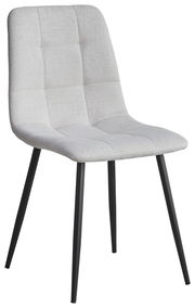 Moderner Stuhl mit hellgrauem, gepolstertem Sitz und Rückenlehne, sowie schwarzen Metallbeinen, seitliche Perspektive