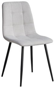 Moderner Stuhl mit hellgrauem, gepolstertem Sitz und Rückenlehne, sowie schwarzen Metallbeinen, seitliche Perspektive