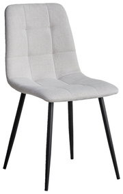 Moderner Stuhl mit hellgrauem, gepolstertem Sitz und Rückenlehne, sowie schwarzen Metallbeinen, seitliche Perspektive