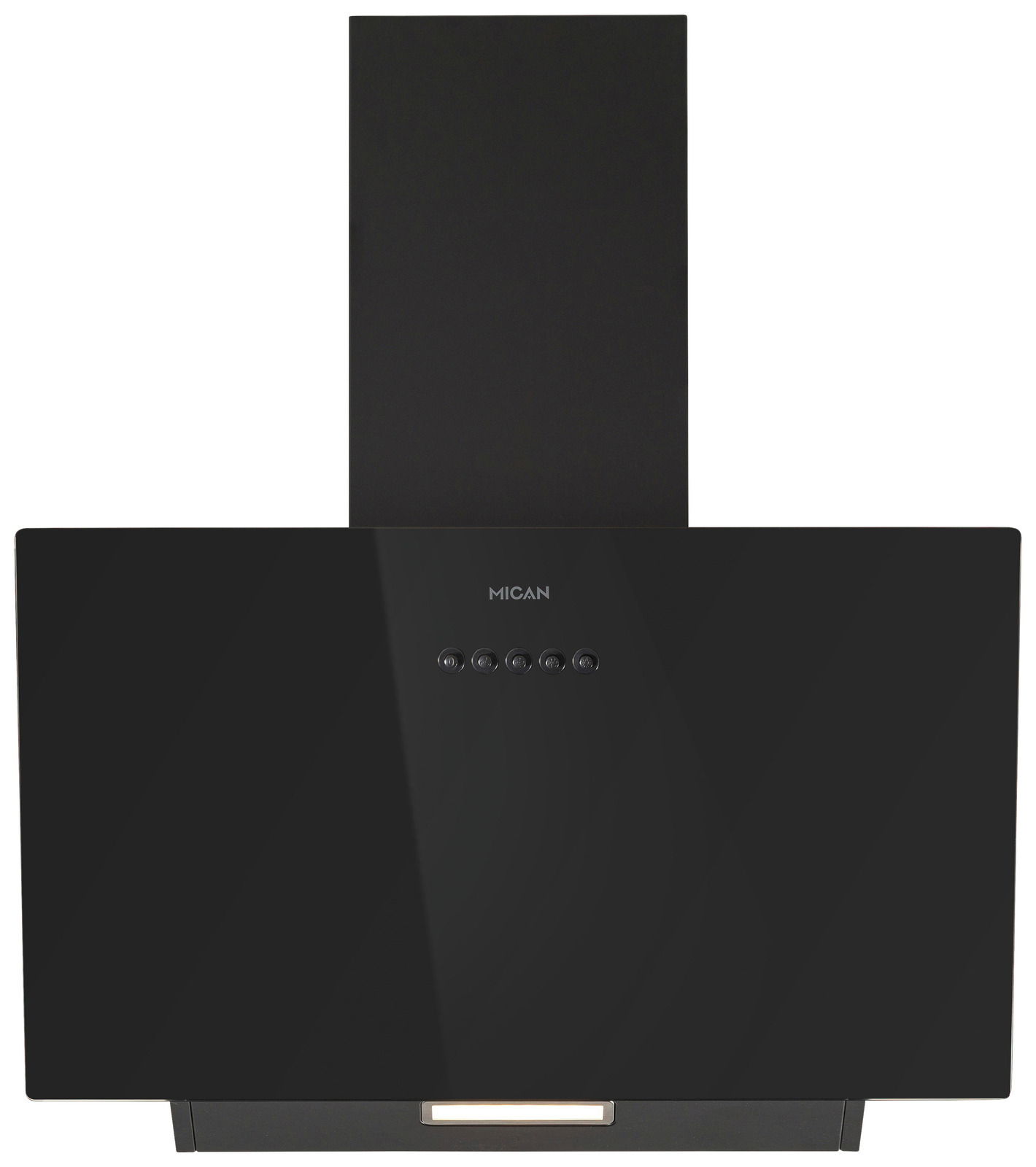 Moderne schwarze Dunstabzugshaube mit Frontansicht, ausgestattet mit Bedienknöpfen und einem eleganten Design.