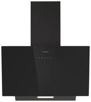 Moderne schwarze Dunstabzugshaube mit Frontansicht, ausgestattet mit Bedienknöpfen und einem eleganten Design.