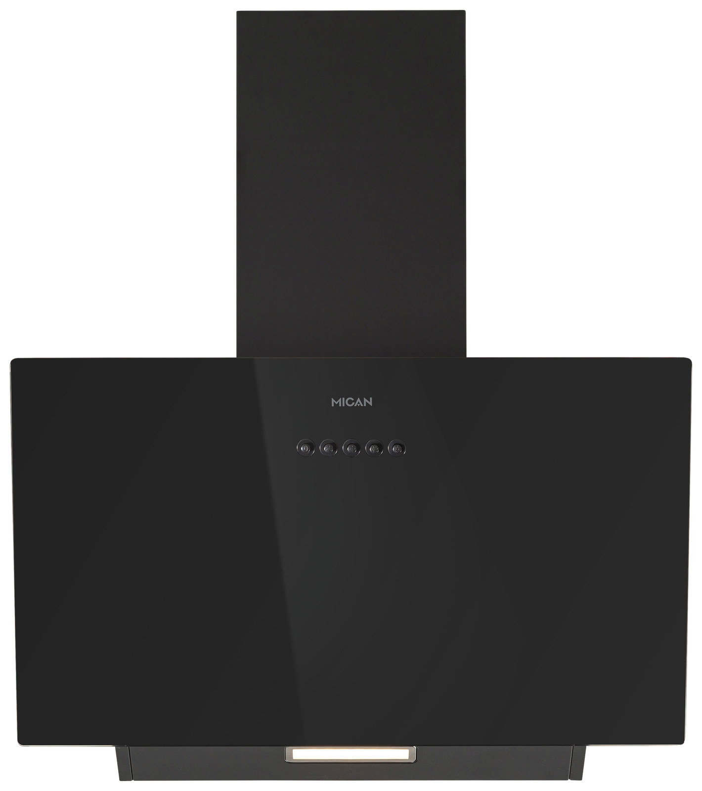 Moderne schwarze Dunstabzugshaube mit Frontansicht, ausgestattet mit Bedienknöpfen und einem eleganten Design.