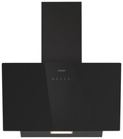 Moderne schwarze Dunstabzugshaube mit Frontansicht, ausgestattet mit Bedienknöpfen und einem eleganten Design.