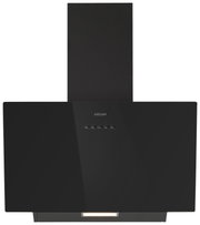 Moderne schwarze Dunstabzugshaube mit Frontansicht, ausgestattet mit Bedienknöpfen und einem eleganten Design.