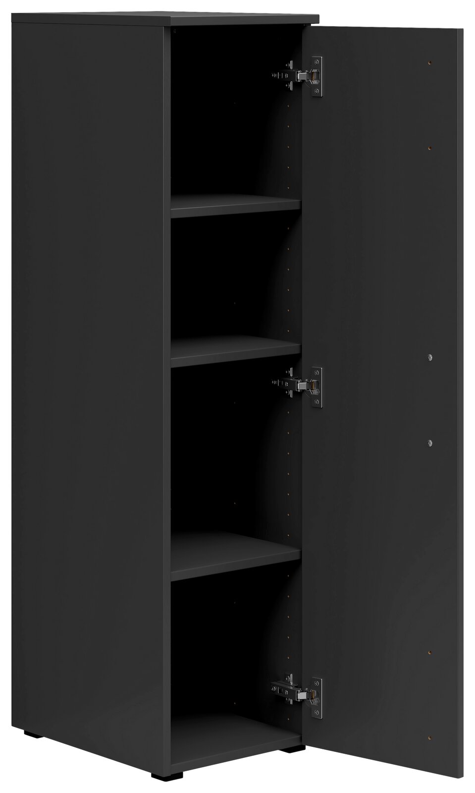 Schwarzer Mehrzweckschrank mit geöffneter Tür, vier Einlegeböden sichtbar, Perspektive von vorne links