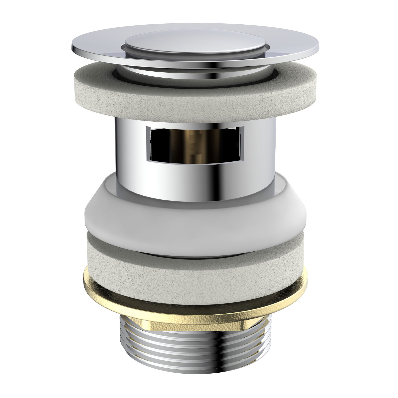 Nahaufnahme eines verchromten Press-Exzenters mit mehreren Dichtungen und Gewinde, seitliche Perspektive