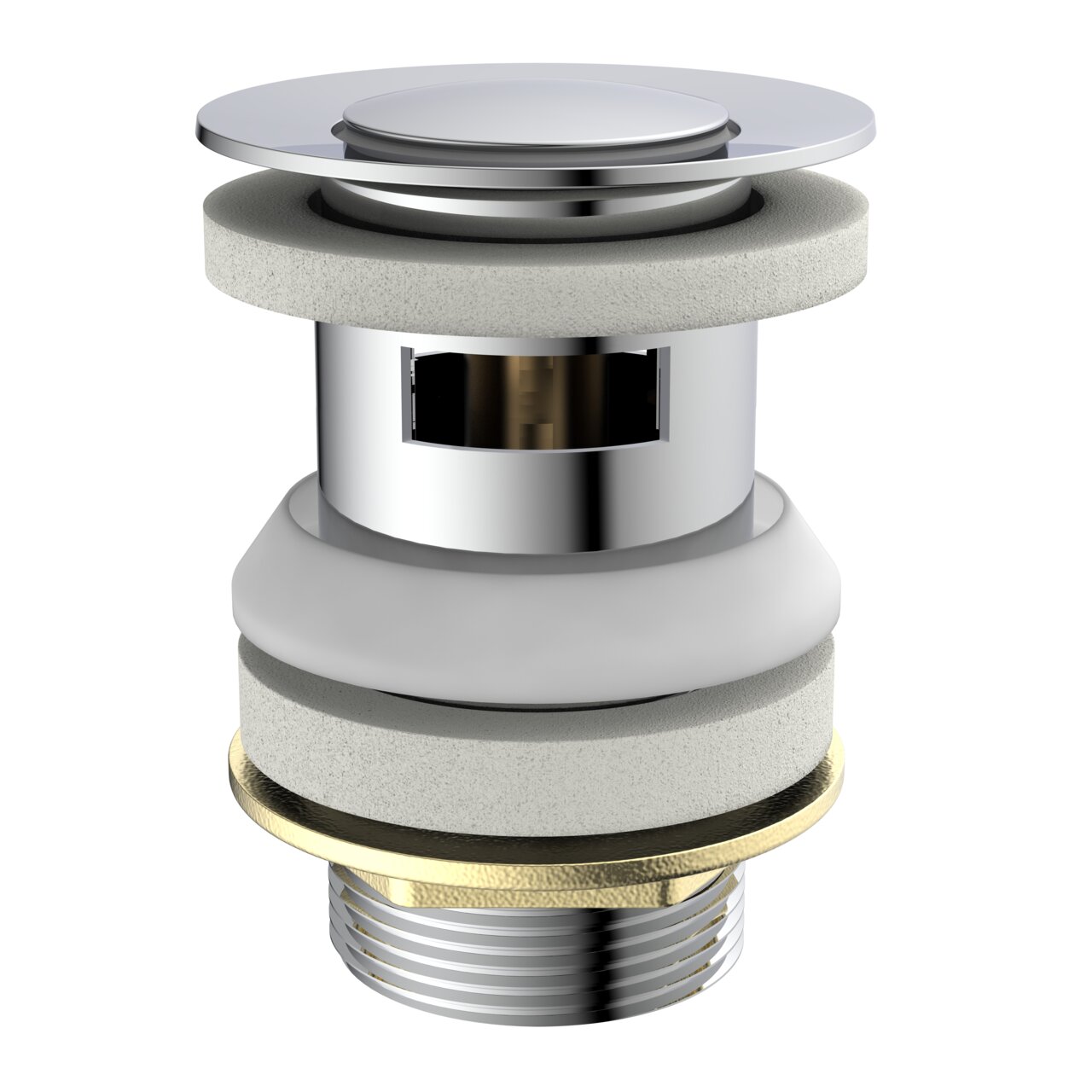 Zurbrüggen Press-Exzenter Nahaufnahme eines verchromten Press-Exzenters mit mehreren Dichtungen und Gewinde, seitliche Perspektive