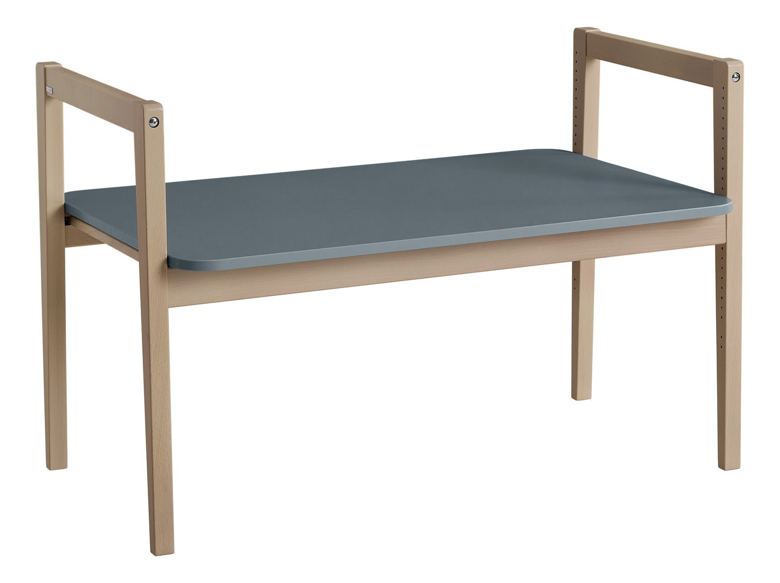 Tischplatte Tiny Table in seitlicher Perspektive mit blauer Oberfläche und hellem Holzrahmen