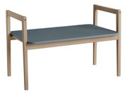 Tafelblad Tiny Table in zijaanzicht met blauw oppervlak en licht houten frame