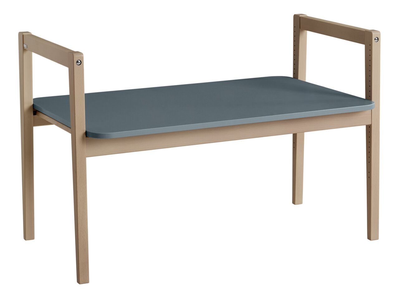 Tafelblad Tiny Table in zijaanzicht met blauw oppervlak en licht houten frame