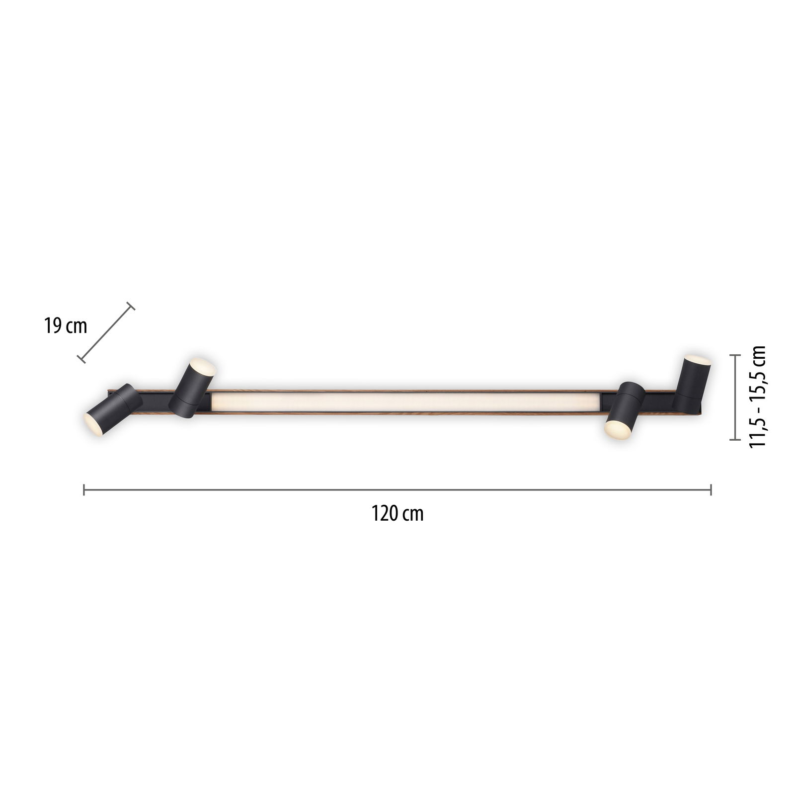 Moderne Deckenleuchte PURE-LINES in schwarzem Design mit drei verstellbaren Spots, seitliche Perspektive.