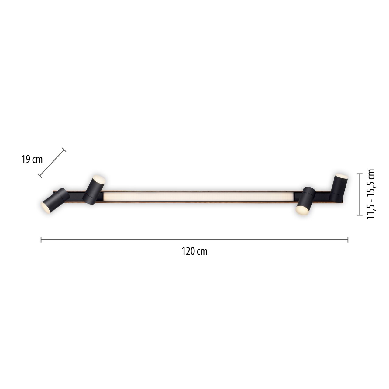 Moderne Deckenleuchte PURE-LINES in schwarzem Design mit drei verstellbaren Spots, seitliche Perspektive.