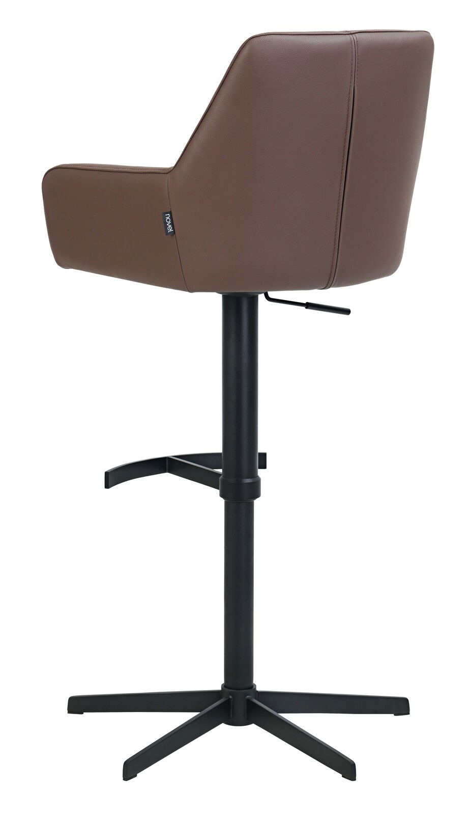 Rückansicht eines braunen Barhockers mit schwarzem Metallgestell und Fußstütze