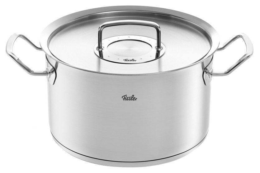 Kochtopf aus Edelstahl mit Metalldeckel, seitliche Perspektive