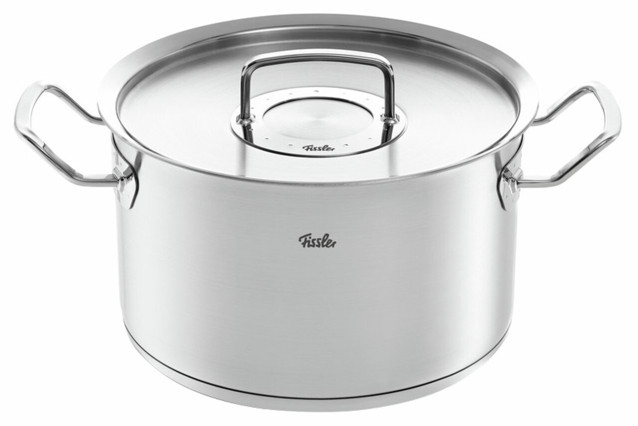 Kochtopf aus Edelstahl mit Metalldeckel, seitliche Perspektive