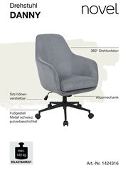 Grauer Drehstuhl DANNY mit 360° Drehfunktion, höhenverstellbarem Sitz und Wippmechanik, schwarzes Metallfußgestell, seitliche Perspektive