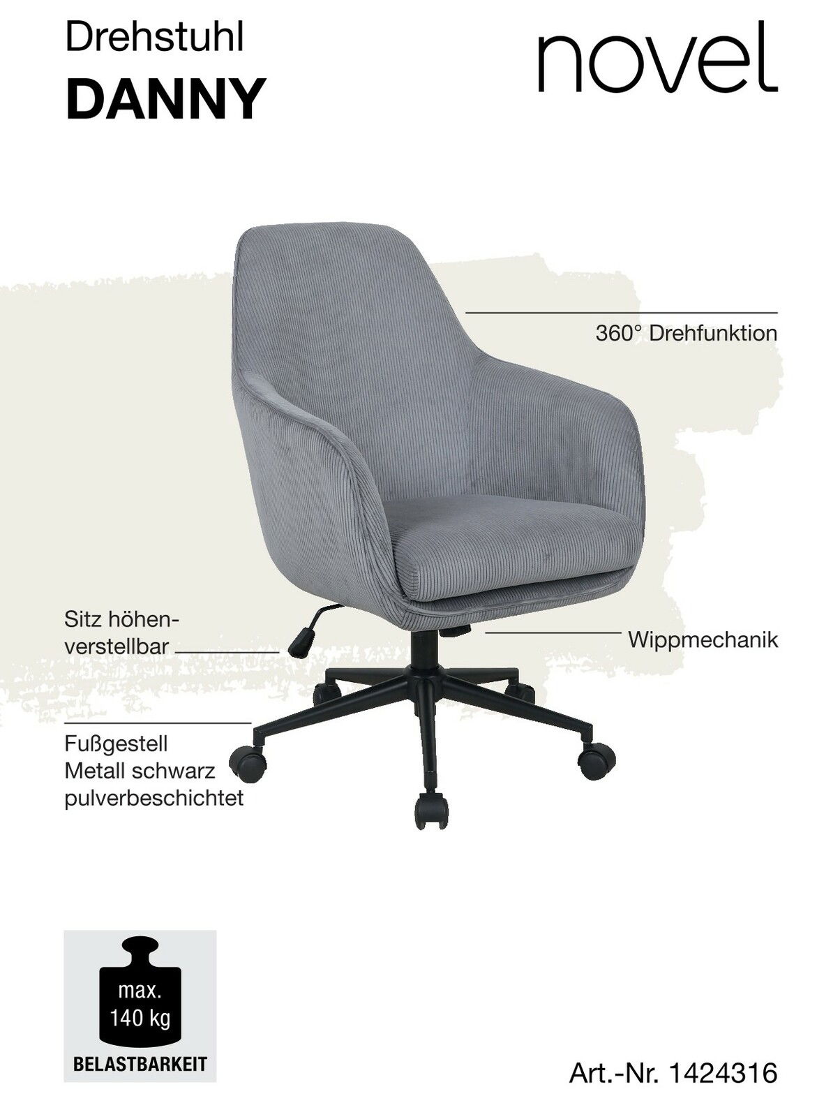 Grauer Drehstuhl DANNY mit 360° Drehfunktion, höhenverstellbarem Sitz und Wippmechanik, schwarzes Metallfußgestell, seitliche Perspektive