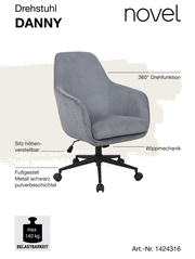 Grauer Drehstuhl DANNY mit 360° Drehfunktion, höhenverstellbarem Sitz und Wippmechanik, schwarzes Metallfußgestell, seitliche Perspektive